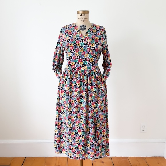 Multicolour Vintage Liz Claiborne Midi Wrap Dress Size Medium Modest Dopamine - Picture 1 of 12